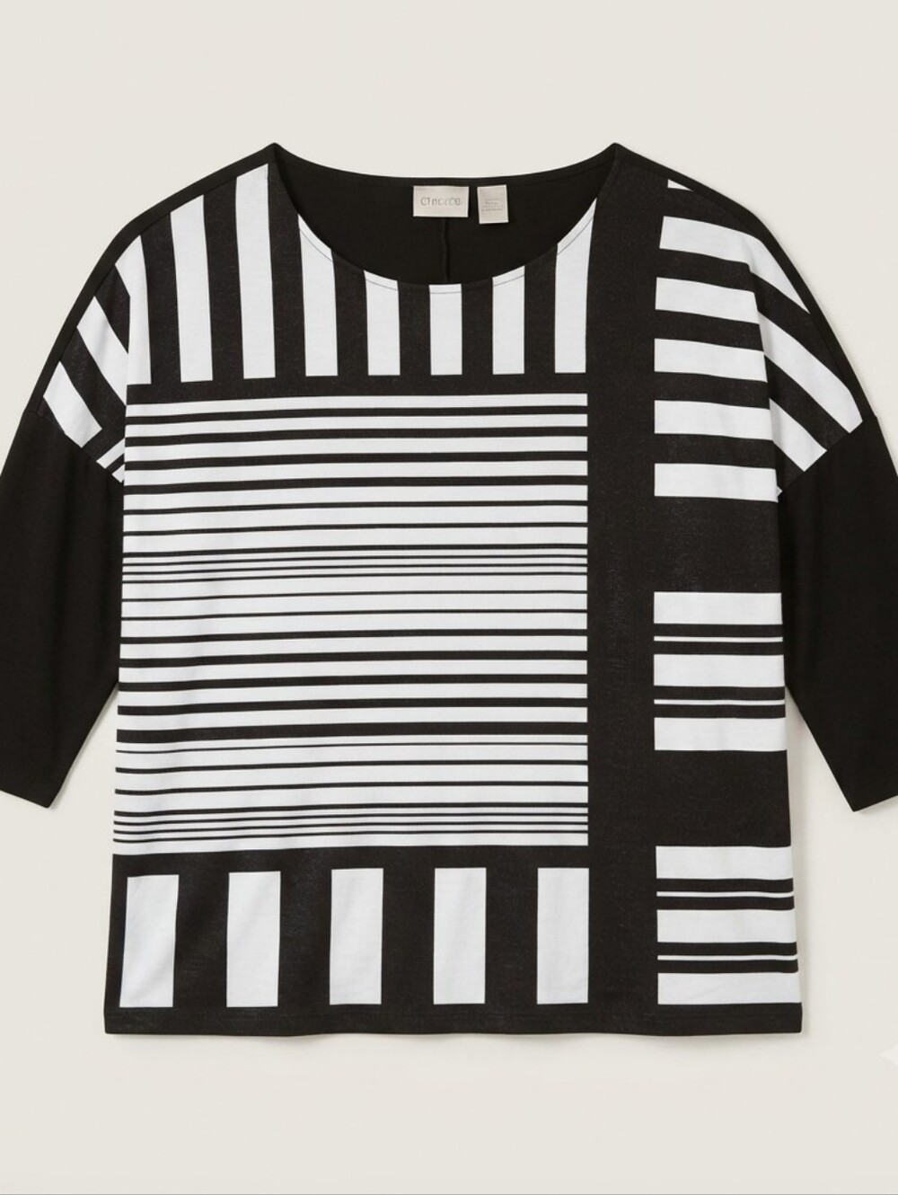 Chico's Black White Geometric Striped Top Size 1 Medium 8/10 Rayon Spandex Lagen